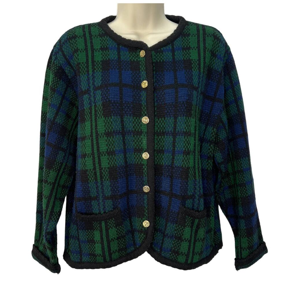 Vintage Tally Ho Cardigan Sweater Tartan Green Blue Plaid Size S Button Front